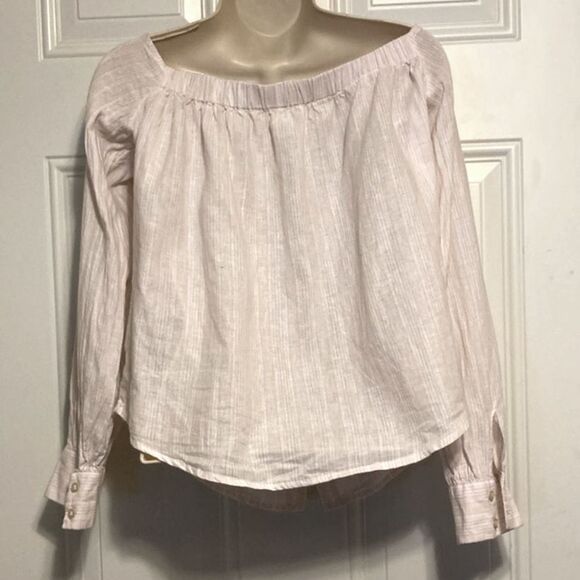 FREE PEOPLE Linen Blend Hello There Off The Shoulder  Pink White Mini Stripes XS - Picture 7 of 12